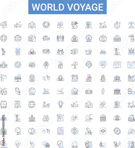 World voyage outline icons collection. Voyage, World, Tour, Journey, Travel, Exploration, Adventure vector illustration set. Cruise, Safari, Expedition line signs