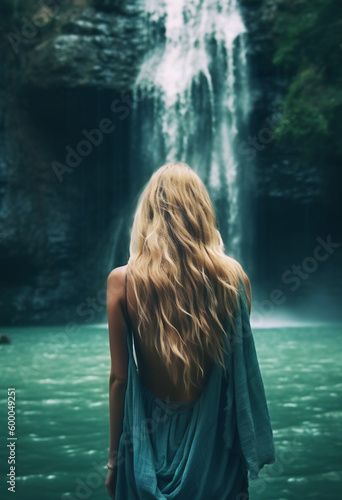 young woman looking at a waterfall