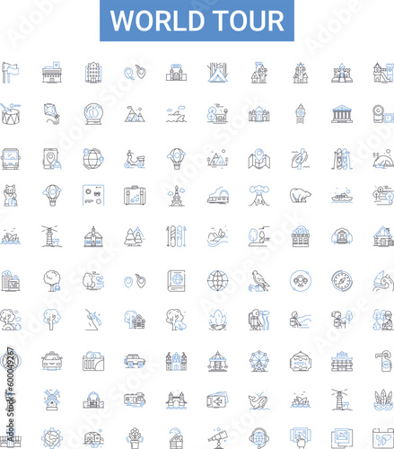 World tour outline icons collection. Travel, Globe, Journey, Circumnavigate, Vacation, Trip, Expedition vector illustration set. Circumvent, Expeditionary, Wander line signs