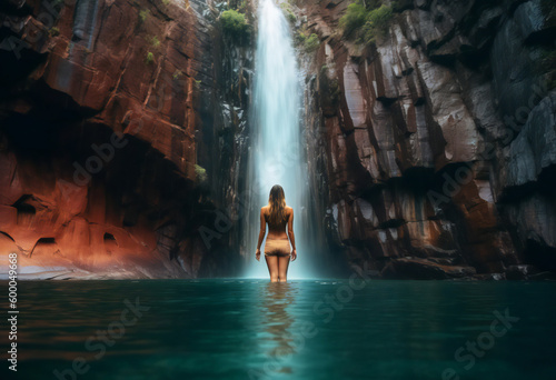 young woman looking at a waterfall