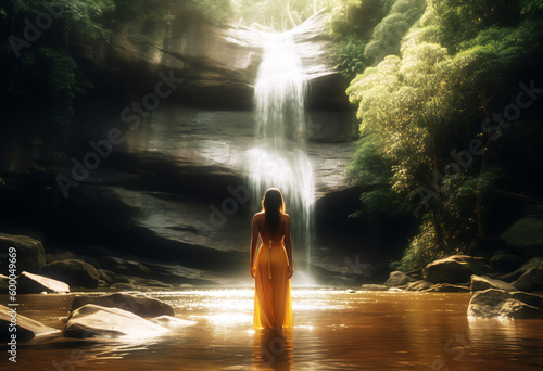 young woman wading in the water in front of waterfall