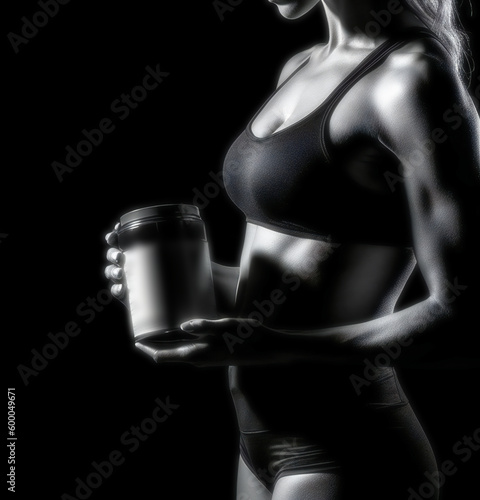 fitness woman athlete black and white lifestyle photo holding an empty whey protein container