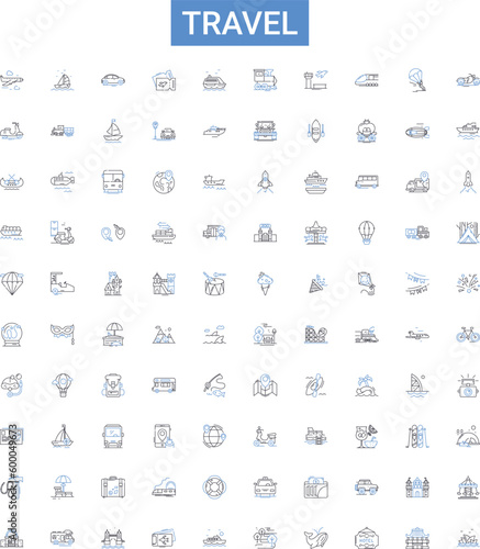 Travel outline icons collection. Trip, Tour, Journey, Voyage, Explore, Vacation, Fly vector illustration set. Adventure, Sightsee, Road Trip line signs