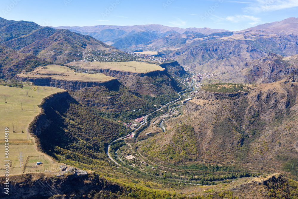 Drone view of Debed river gorge, Alaverdi town and Sanahin village on sunny summer day. Lori Province, Armenia.
