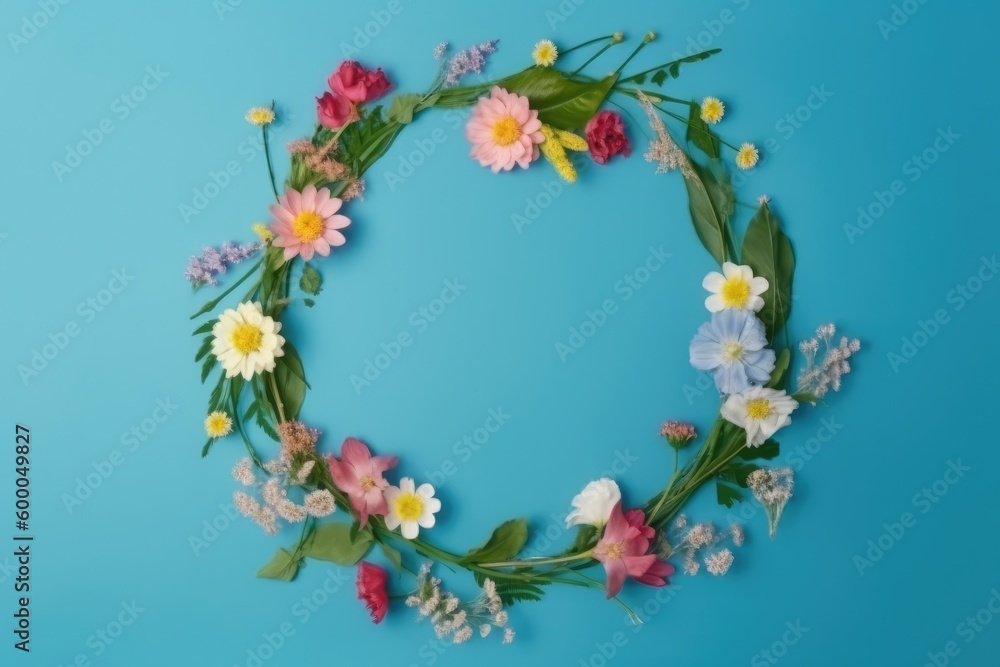 Flat lay flowers on a blue background, top view, wreath of flowers. Copy space. Spring concept. Generative ai. Flat lay flowers on a blue background, top view, wreath of flowers. Copy space. Spring concept. Generative ai.