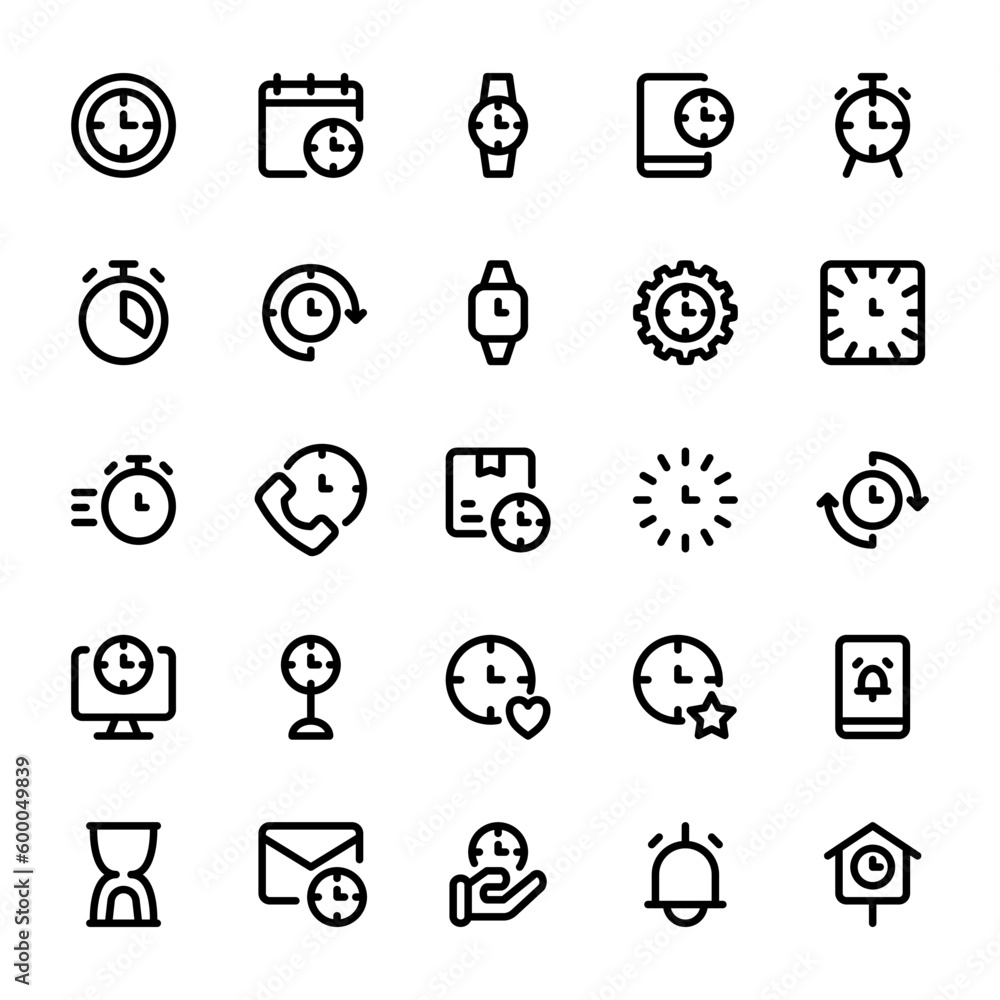 Time icon set. Time, clock icon set with line style Time icon set. Time, clock icon set with line style