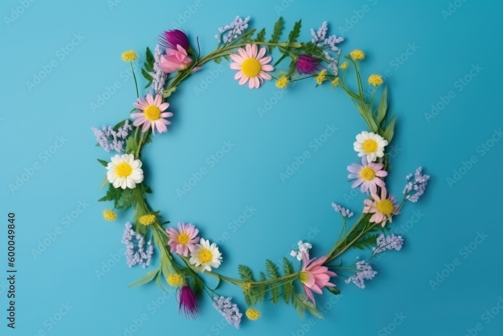 Flat lay flowers on a blue background, top view, wreath of daisies. Copy space. Spring concept. Generative ai. Flat lay flowers on a blue background, top view, wreath of daisies. Copy space. Spring concept. Generative ai.