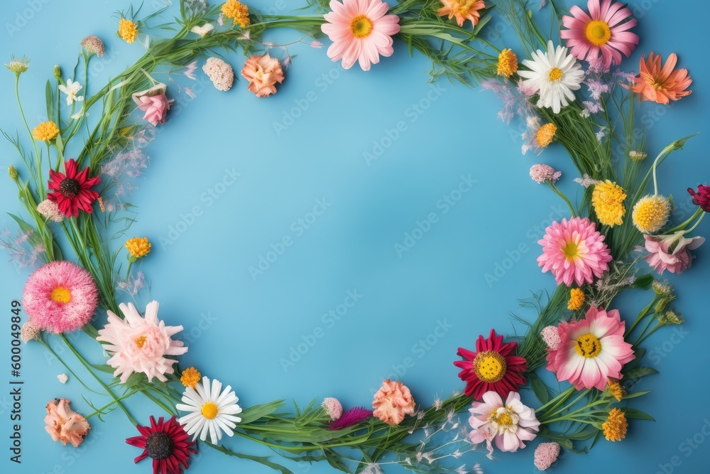 Flat lay flowers on a blue background, top view, wreath of flowers. Copy space. Spring concept. Generative ai. Flat lay flowers on a blue background, top view, wreath of flowers. Copy space. Spring concept. Generative ai.