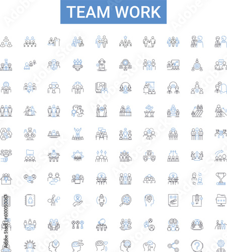 Team work outline icons collection. Collaboration, Cooperation, Unison, Combine, Alliance, Synergy, Interdependence vector illustration set. Congregate, Guild, Unity line signs