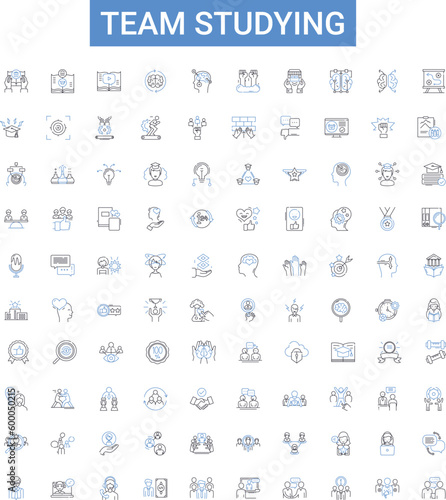 Team studying outline icons collection. Team, studying, colleagues, group, learn, collaborate, research vector illustration set. knowledge, skills, review line signs