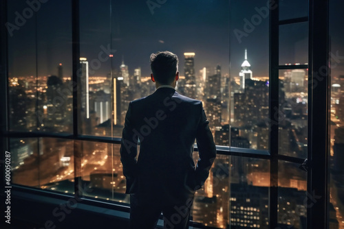 Back view of businessman looking at night view of big city from office window, Generative AI