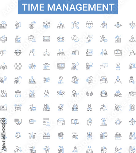Time management outline icons collection. Planning, Discipline, Prioritization, Efficiency, Tracking, Scheduling, Focus vector illustration set. Multitasking, Goal, Deadline line signs