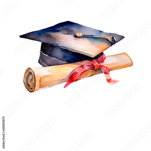Graduation cap with diploma roll watercolor AI generative illustration. Isolated class graduation sublimation