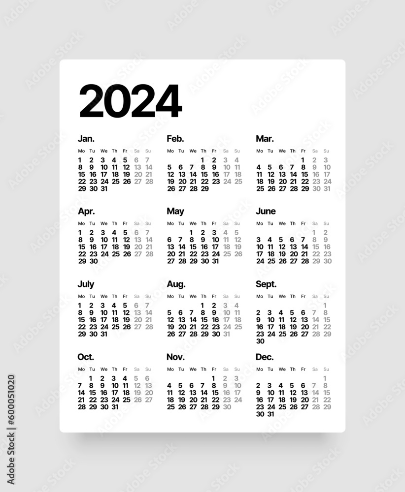 Annual calendar template for 2024 year. Week Starts on Monday. Business