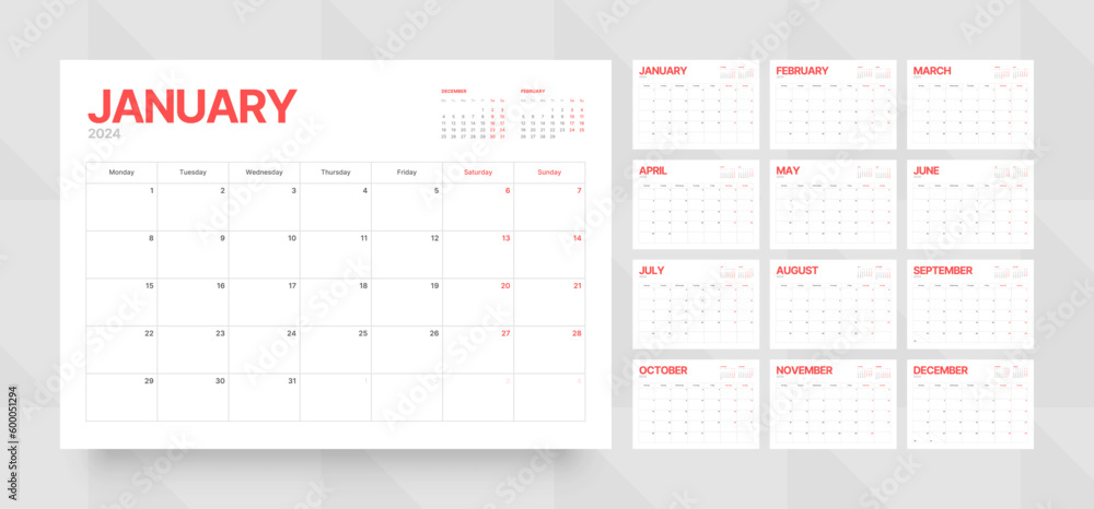 Monthly calendar template for 2024 year. Wall calendar grid in a