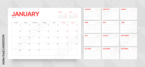 Monthly calendar template for 2024 year. Wall calendar grid in a minimalist style. Week Starts on Monday. Planner for 2024 year.