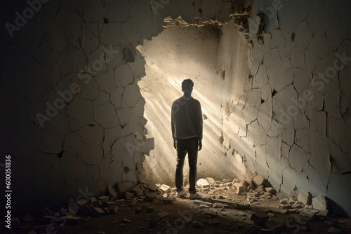 A man stands in a dark room with the sun shining through the hole in the wall. Generative AI
