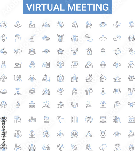 Virtual meeting outline icons collection. Online, Conferencing, Videoconferencing, Webinar, Teleconferencing, Zoom, Hangout vector illustration set. Collaboration, Gatherings, Webcasting line signs