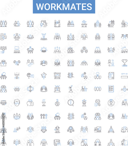 Workmates outline icons collection. Colleagues, Coworkers, Peers, Associates, Comrades, Teammates, Partners vector illustration set. Friends, Laborers, Mates line signs
