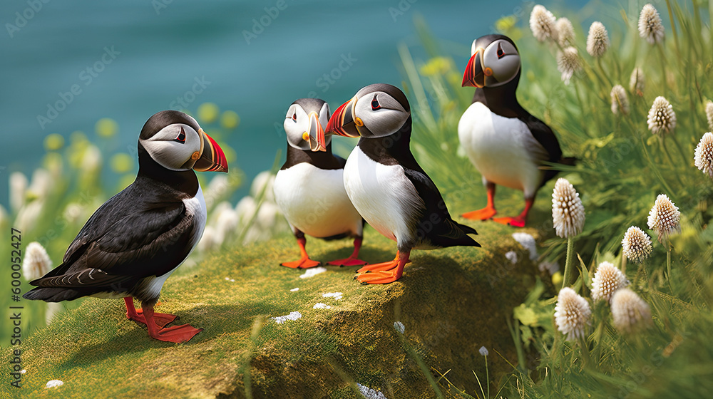 Fototapeta premium Atlantic puffin , also known as the common puffin, is a species of seabird in the auk family Generative AI