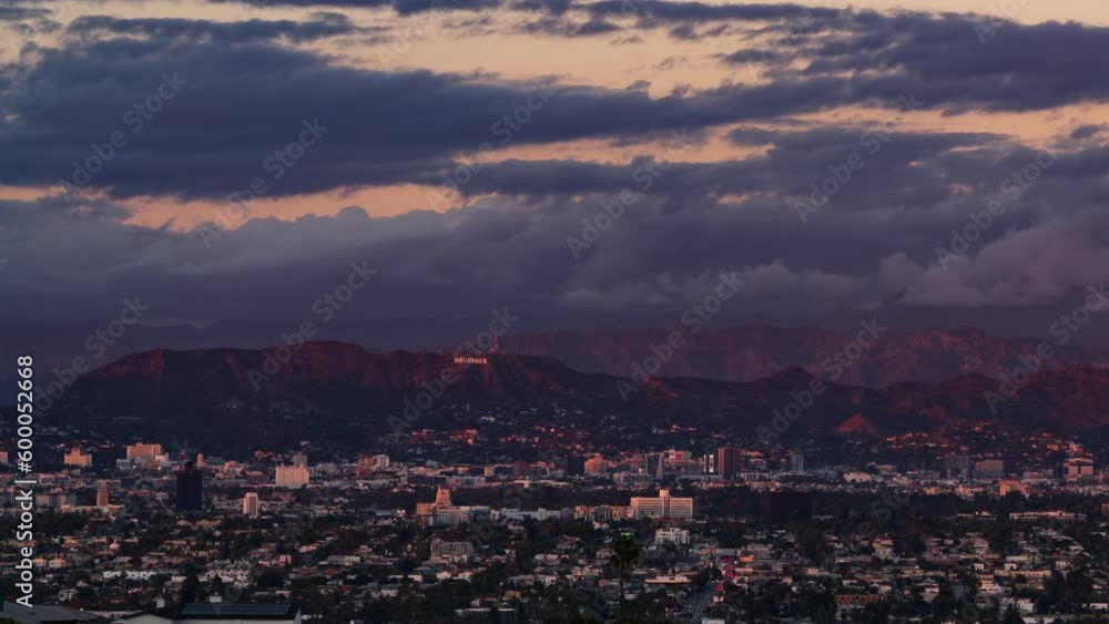 Hollywood and Los Angeles Sunset to Night Clouds Telephoto Time Lapse California USA Hollywood and Los Angeles Sunset to Night Clouds Telephoto Time Lapse California USA