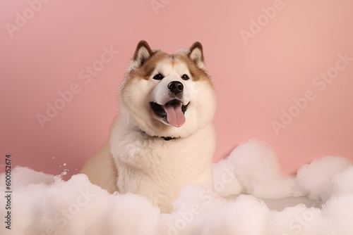 Akita dog has bath, white foam, bubbles around on pink background buble. Generated Ai