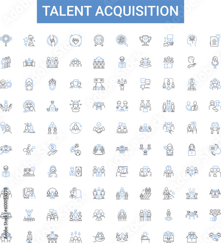 Talent acquisition outline icons collection. Recruiting, Hiring, Staffing, Sourcing, Screening, Attracting, Job-Seeking vector illustration set. Interviewing, Onboarding, Engaging line signs