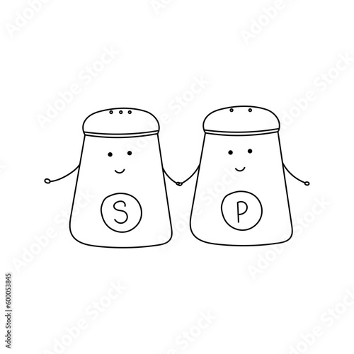 Vector illustration of salt and pepper shaker, friendship, in doodle style.