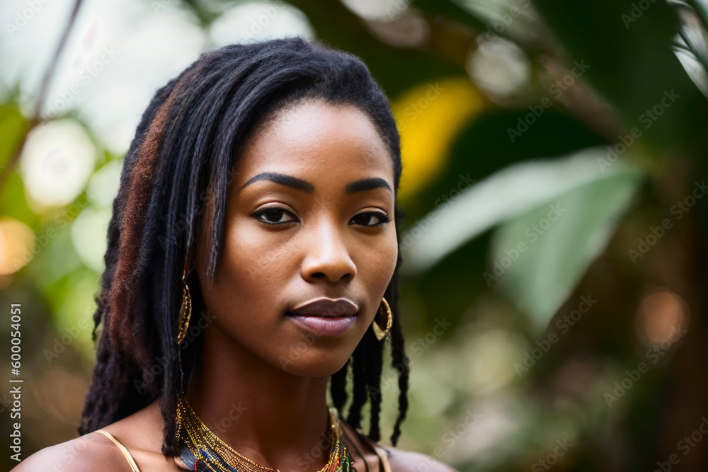 Portrait of young attractive ebony woman in african style with tropical flowers everywhere. Generative AI Portrait of young attractive ebony woman in african style with tropical flowers everywhere. Generative AI