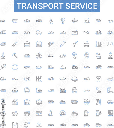 Transport service outline icons collection. Transportation, Shipping, Delivery, Courier, Logistics, Freight, Moving vector illustration set. Hauling, Cruise, Rail line signs