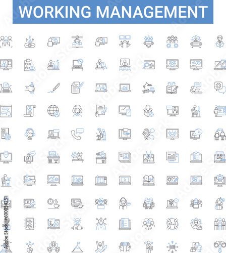 Working management outline icons collection. Workforce, Management, Organizing, Supervising, Directing, Planning, Coordinating vector illustration set. Scheduling, Strategizing, Prioritizing line