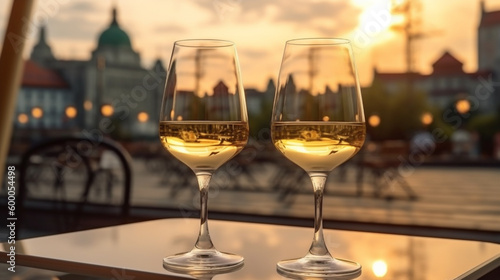 2 Glässer Weißwein früh abends bei Sonnenuntergang in der Stadt. Querformat. Generative Ai.