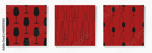 Black wine bottles and glasses on red background. Vector seamless patterns collection. Best for textile, bar decoration, wallpapers, wrapping paper, package and web design.