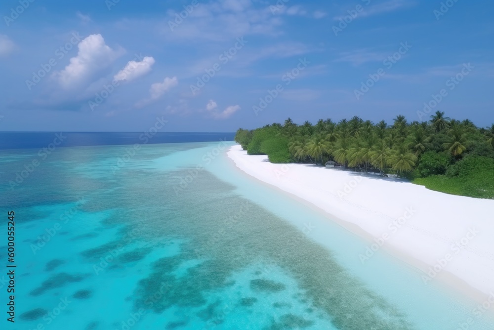Obraz premium Amazing drone view of the beach and water with beautiful colors. Paradise scenery water villas with amazing sea and beach, tropical nature. summer vacation.
