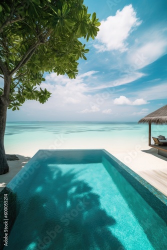 Amazing drone view of the beach and water with beautiful colors. Paradise scenery water villas with amazing sea and beach  tropical nature. summer vacation.