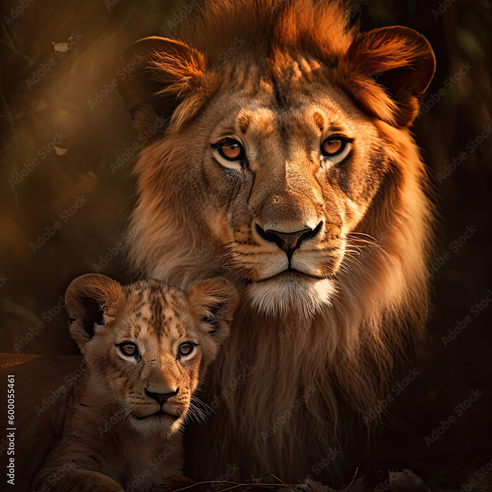 Majestic lion and small cub in golden light. 3D render