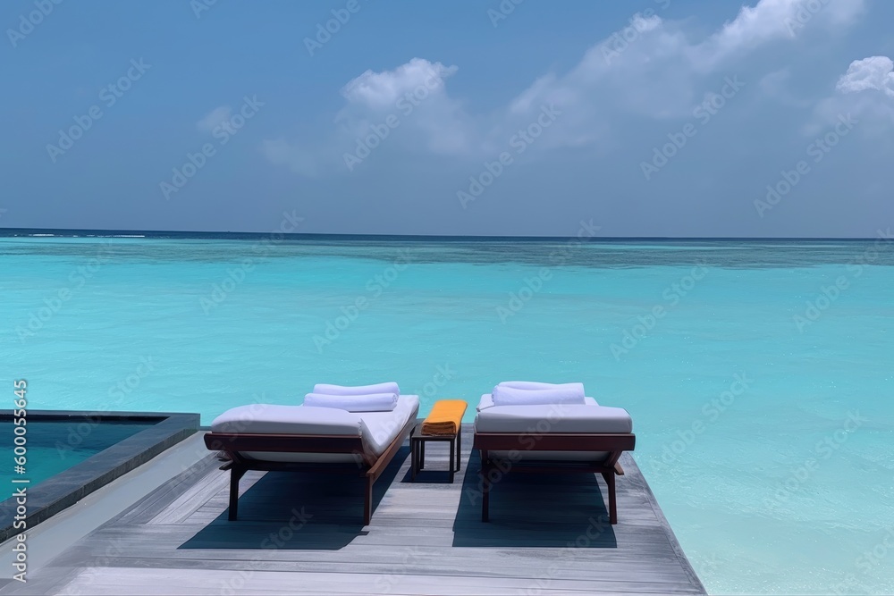 Fototapeta premium Amazing drone view of the beach and water with beautiful colors. Paradise scenery water villas with amazing sea and beach, tropical nature. summer vacation.