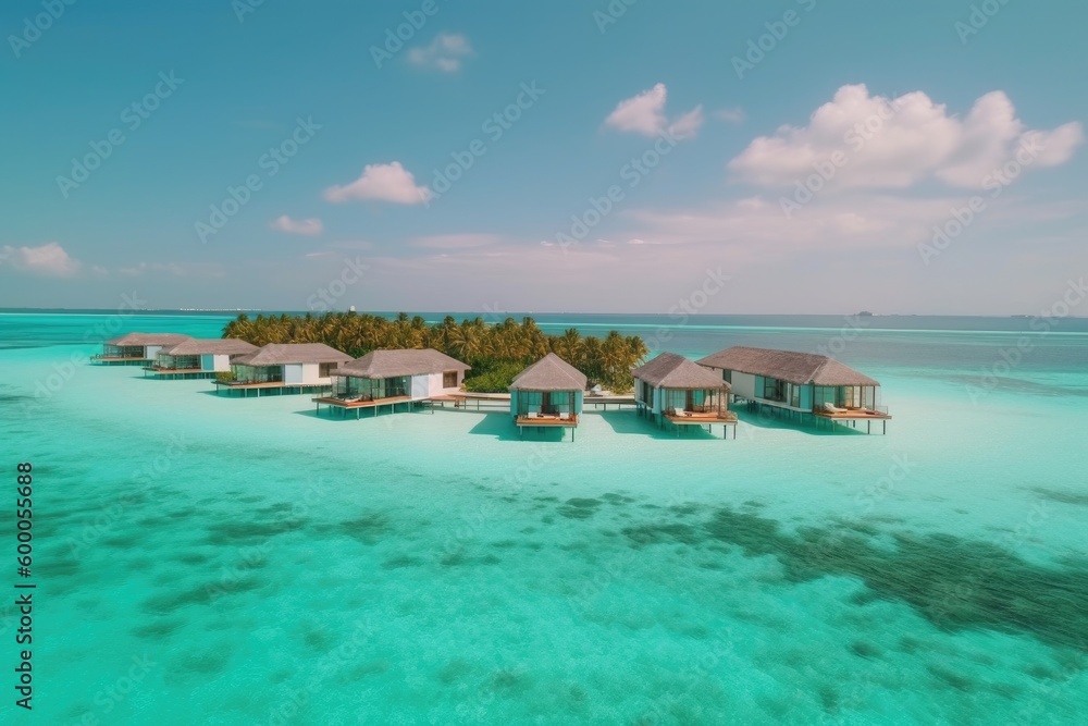 Obraz premium Amazing drone view of the beach and water with beautiful colors. Paradise scenery water villas with amazing sea and beach, tropical nature. summer vacation.