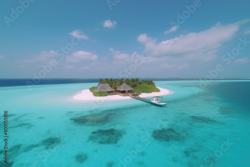 Amazing drone view of the beach and water with beautiful colors. Paradise scenery water villas with amazing sea and beach, tropical nature. summer vacation. © PimPhoto