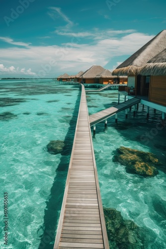 Amazing drone view of the beach and water with beautiful colors. Paradise scenery water villas with amazing sea and beach, tropical nature. summer vacation. © PimPhoto
