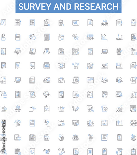 Survey and research outline icons collection. Surveying, Researching, Questioning, Examining, Investigating, Analysis, Analyzing vector illustration set. Polling, Probing, Measuring line signs