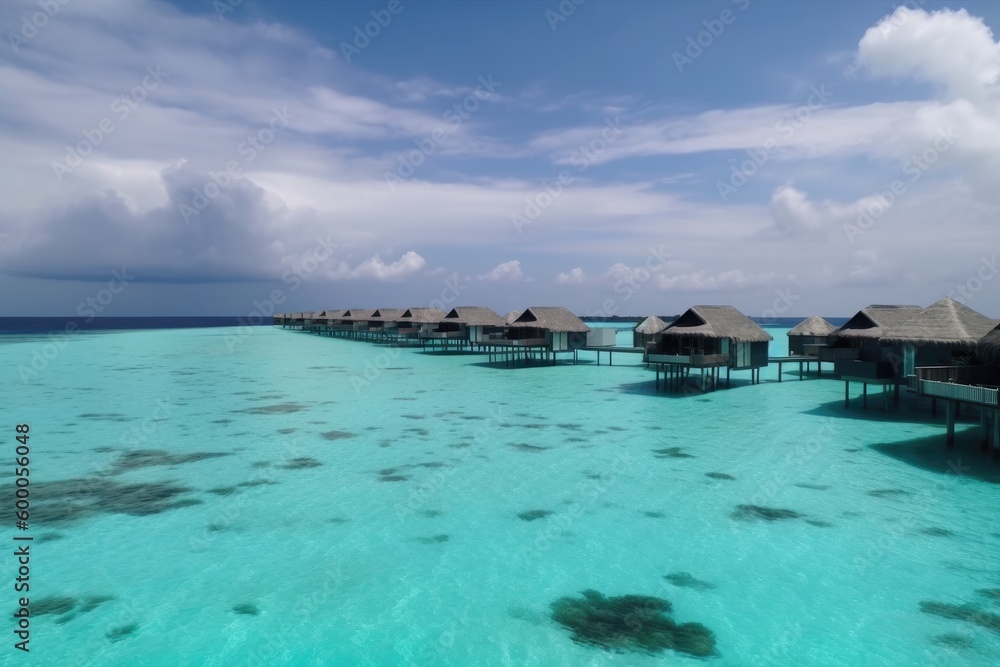 Amazing drone view of the beach and water with beautiful colors. Paradise scenery water villas with amazing sea and beach, tropical nature. summer vacation.