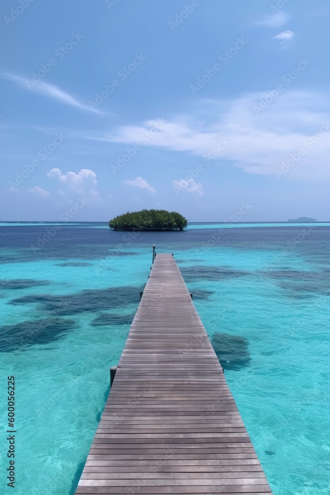 Naklejka premium Amazing drone view of the beach and water with beautiful colors. Paradise scenery water villas with amazing sea and beach, tropical nature. summer vacation.