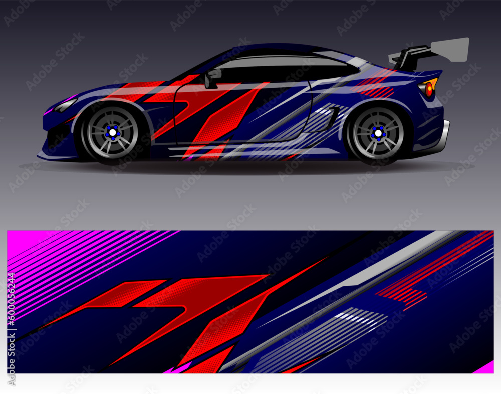 Car wrap design vector. Graphic abstract stripe racing background kit designs for wrap vehicle race car rally adventure and livery Car wrap design vector. Graphic abstract stripe racing background kit designs for wrap vehicle race car rally adventure and livery