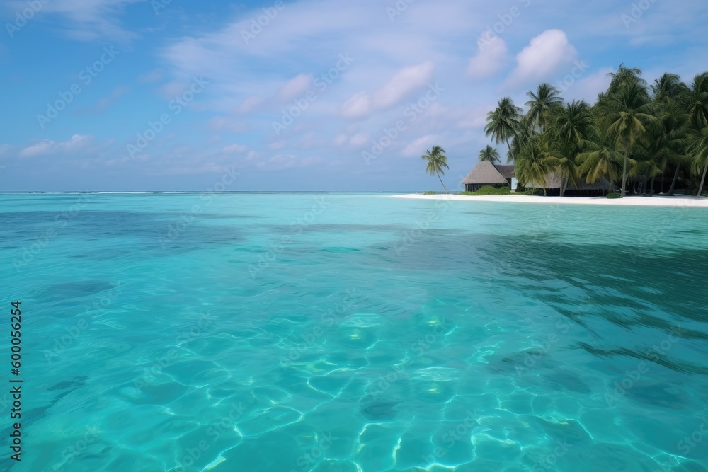 Fototapeta premium Amazing drone view of the beach and water with beautiful colors. Paradise scenery water villas with amazing sea and beach, tropical nature. summer vacation.