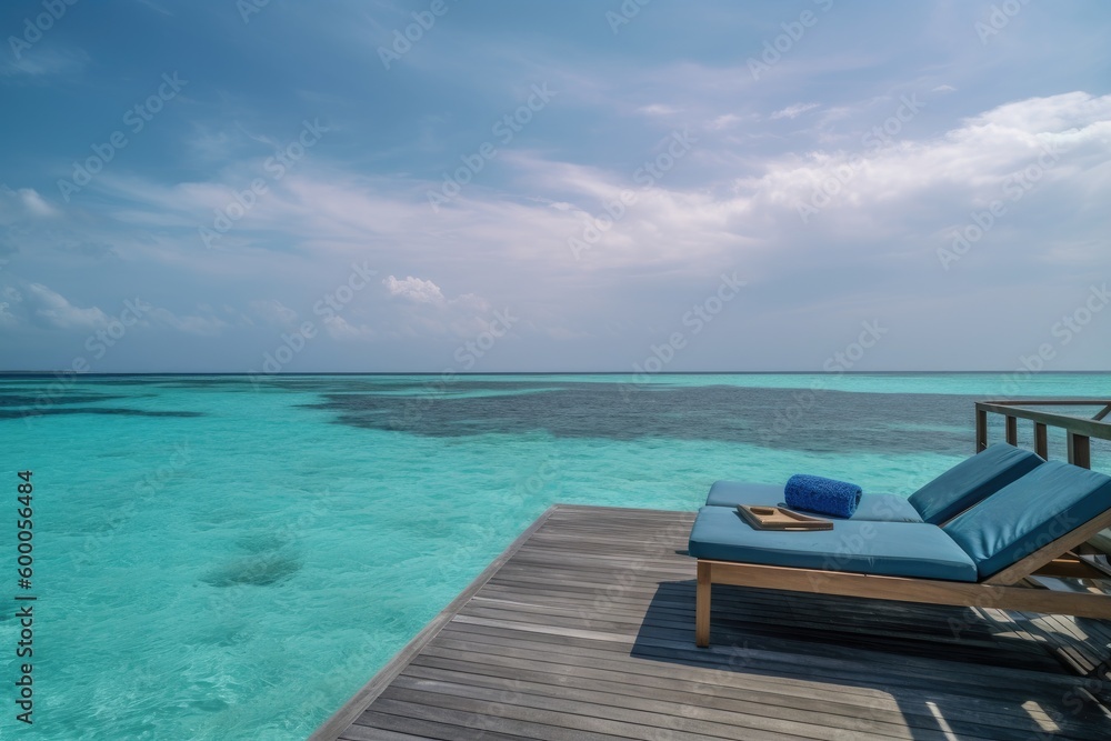 Obraz premium Amazing drone view of the beach and water with beautiful colors. Paradise scenery water villas with amazing sea and beach, tropical nature. summer vacation.