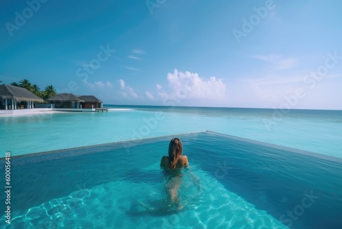 Amazing drone view of the beach and water with beautiful colors. Paradise scenery water villas with amazing sea and beach, tropical nature. summer vacation.