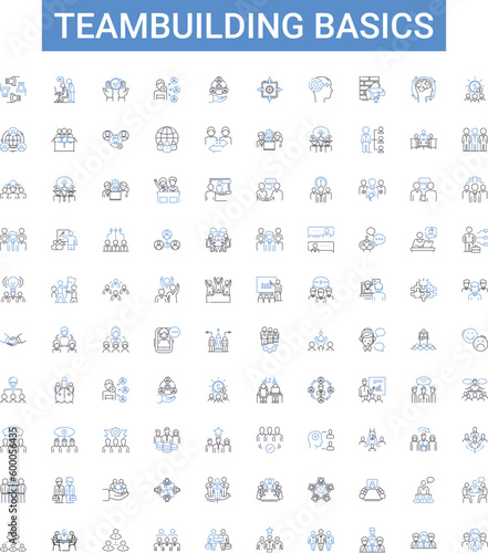 Teambuilding basics outline icons collection. Teamwork, communication, collaboration, trust, respect, leadership, negotiation vector illustration set. planning, delegation, problem-solving line signs