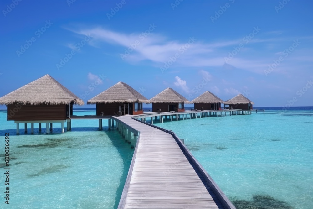 Amazing drone view of the beach and water with beautiful colors. Paradise scenery water villas with amazing sea and beach, tropical nature. summer vacation.