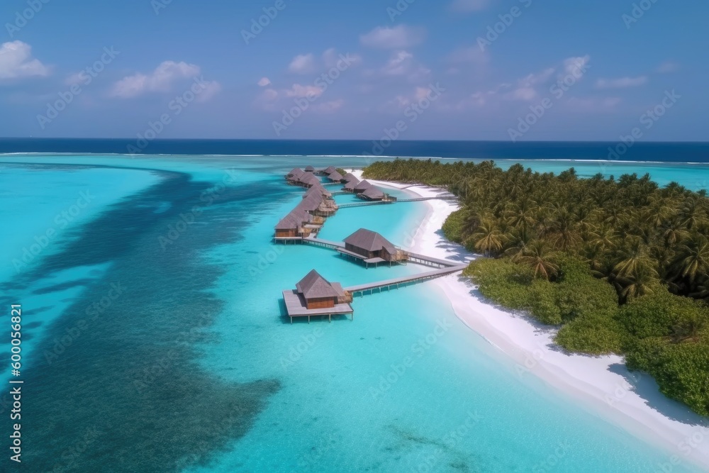 Obraz premium Amazing drone view of the beach and water with beautiful colors. Paradise scenery water villas with amazing sea and beach, tropical nature. summer vacation.
